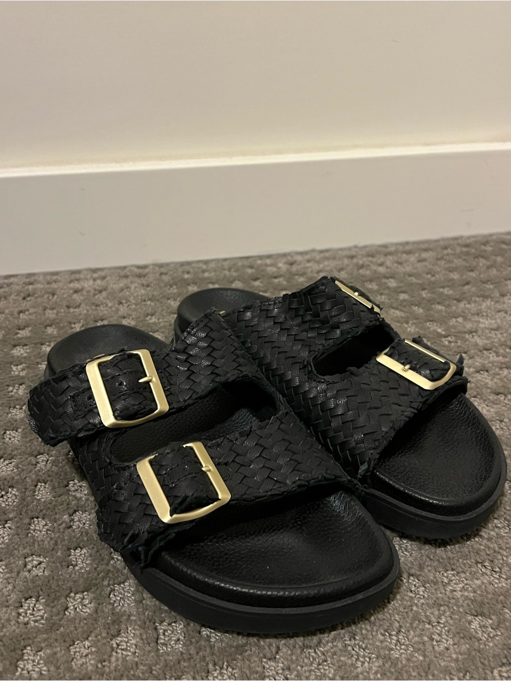 Women's Black Woven Double-Buckle Slide Sandals